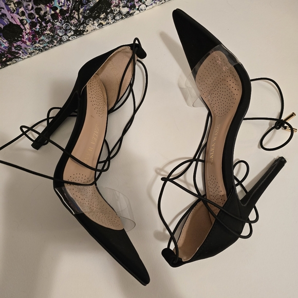 AZALEA WANG Black With Cleae Vinyl Toe Strap High Heels Ankle Wrap Strap 7.5 - Picture 11 of 17